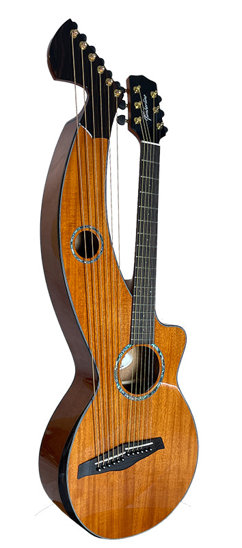 T30HGpc Premium 100% Tropical Mahogany 12 String Parlor sized harp guitar with ebony fretboard, arm bevel and bridge.
