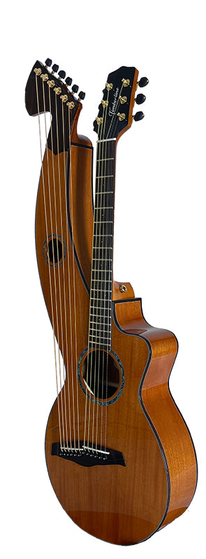 T30HGpc Premium 100% Tropical Mahogany 12 String Parlor sized harp guitar with ebony fretboard, arm bevel and bridge.