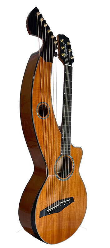 T30HGpc Premium 100% Tropical Mahogany 12 String Parlor sized harp guitar with ebony fretboard, arm bevel and bridge.