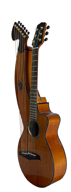 T30HGpc Premium 100% Tropical Mahogany 12 String Parlor sized harp guitar with ebony fretboard, arm bevel and bridge.
