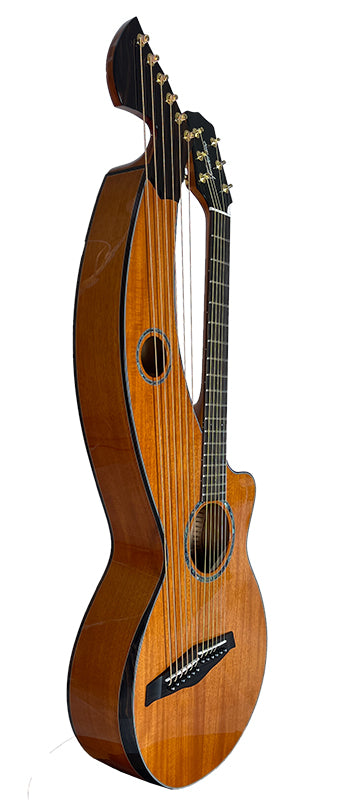 T30HGpc Premium 100% Tropical Mahogany 12 String Parlor sized harp guitar with ebony fretboard, arm bevel and bridge.