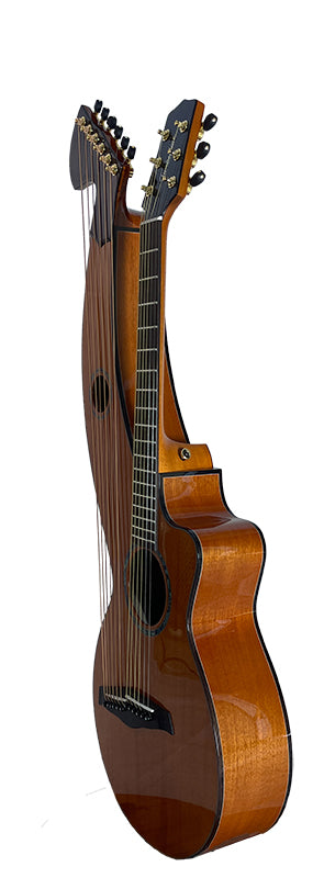 T30HGpc Premium 100% Tropical Mahogany 12 String Parlor sized harp guitar with ebony fretboard, arm bevel and bridge.