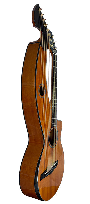 T30HGpc Premium 100% Tropical Mahogany 12 String Parlor sized harp guitar with ebony fretboard, arm bevel and bridge.