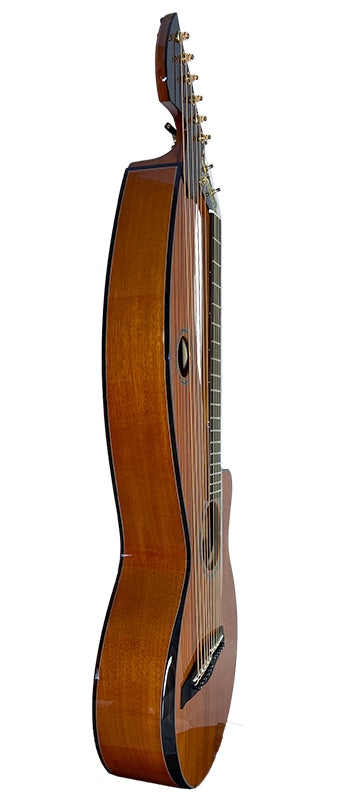 T30HGpc Premium 100% Tropical Mahogany 12 String Parlor sized harp guitar with ebony fretboard, arm bevel and bridge.