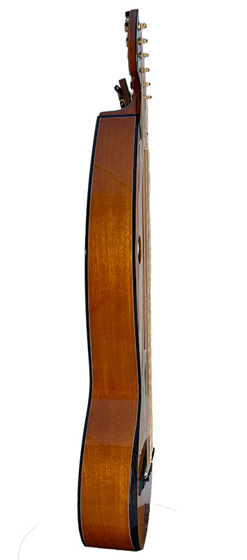 T30HGpc Premium 100% Tropical Mahogany 12 String Parlor sized harp guitar with ebony fretboard, arm bevel and bridge.