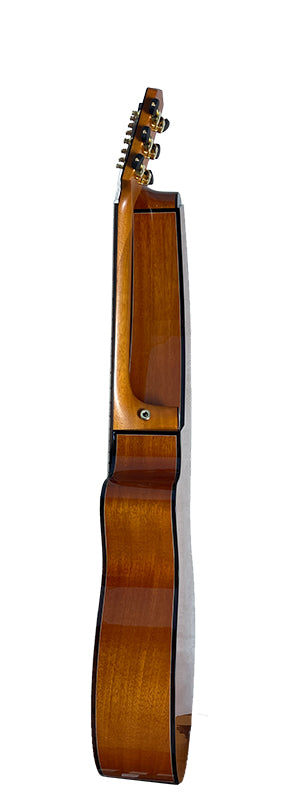 T30HGpc Premium 100% Tropical Mahogany 12 String Parlor sized harp guitar with ebony fretboard, arm bevel and bridge.