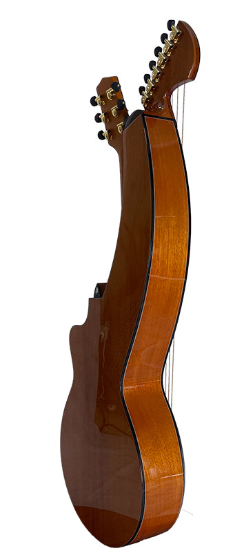 T30HGpc Premium 100% Tropical Mahogany 12 String Parlor sized harp guitar with ebony fretboard, arm bevel and bridge.