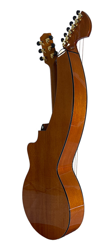 T30HGpc Premium 100% Tropical Mahogany 12 String Parlor sized harp guitar with ebony fretboard, arm bevel and bridge.