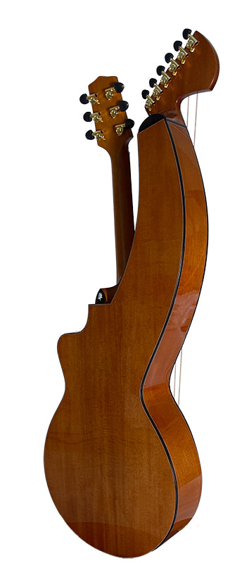T30HGpc Premium 100% Tropical Mahogany 12 String Parlor sized harp guitar with ebony fretboard, arm bevel and bridge.