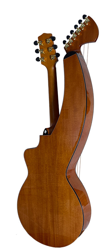 T30HGpc Premium 100% Tropical Mahogany 12 String Parlor sized harp guitar with ebony fretboard, arm bevel and bridge.