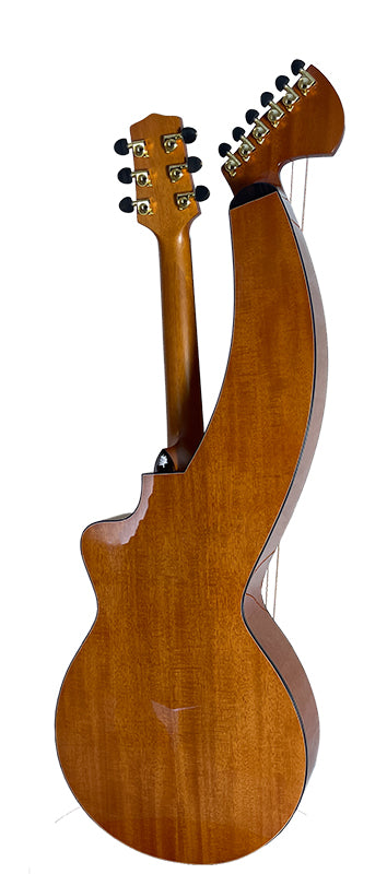 T30HGpc Premium 100% Tropical Mahogany 12 String Parlor sized harp guitar with ebony fretboard, arm bevel and bridge.