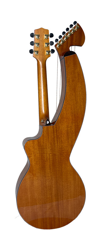 T30HGpc Premium 100% Tropical Mahogany 12 String Parlor sized harp guitar with ebony fretboard, arm bevel and bridge.
