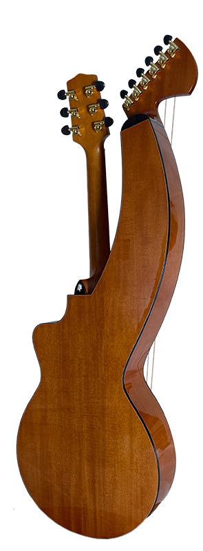 T30HGpc Premium 100% Tropical Mahogany 12 String Parlor sized harp guitar with ebony fretboard, arm bevel and bridge.