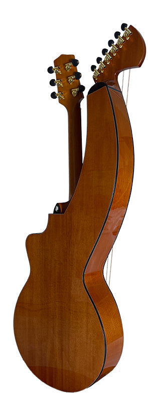 T30HGpc Premium 100% Tropical Mahogany 12 String Parlor sized harp guitar with ebony fretboard, arm bevel and bridge.