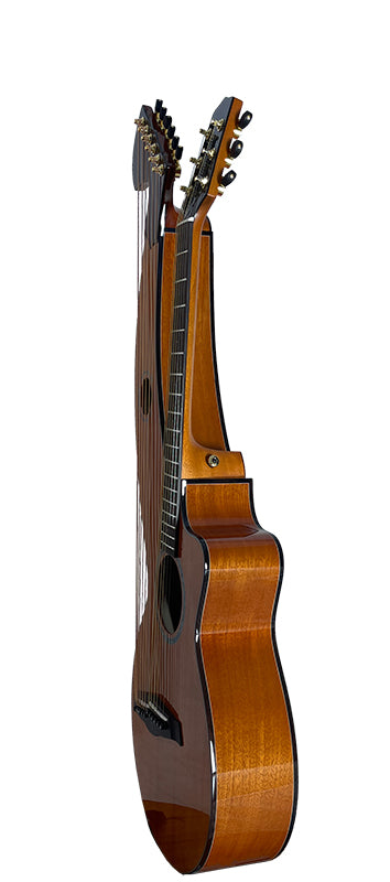 T30HGpc Premium 100% Tropical Mahogany 12 String Parlor sized harp guitar with ebony fretboard, arm bevel and bridge.