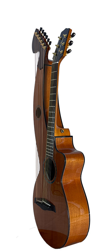 T30HGpc Premium 100% Tropical Mahogany 12 String Parlor sized harp guitar with ebony fretboard, arm bevel and bridge.