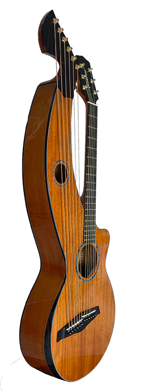 T30HGpc Premium 100% Tropical Mahogany 12 String Parlor sized harp guitar with ebony fretboard, arm bevel and bridge.
