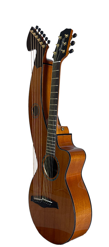 T30HGpc Premium 100% Tropical Mahogany 12 String Parlor sized harp guitar with ebony fretboard, arm bevel and bridge.