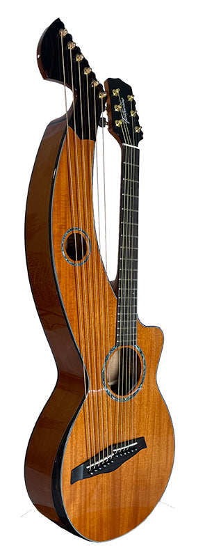 T30HGpc Premium 100% Tropical Mahogany 12 String Parlor sized harp guitar with ebony fretboard, arm bevel and bridge.