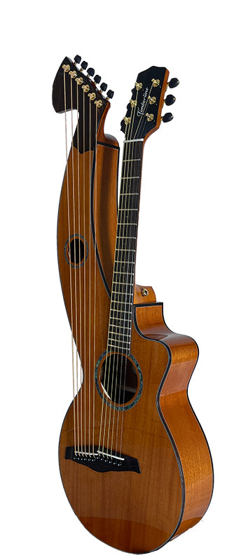 T30HGpc Premium 100% Tropical Mahogany 12 String Parlor sized harp guitar with ebony fretboard, arm bevel and bridge.