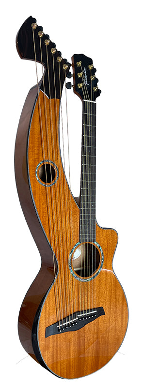 T30HGpc Premium 100% Tropical Mahogany 12 String Parlor sized harp guitar with ebony fretboard, arm bevel and bridge.