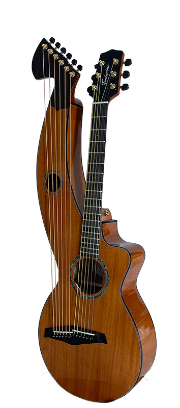 T30HGpc Premium 100% Tropical Mahogany 12 String Parlor sized harp guitar with ebony fretboard, arm bevel and bridge.