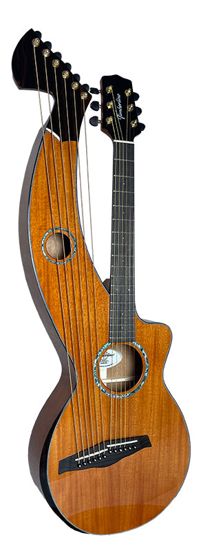 T30HGpc Premium 100% Tropical Mahogany 12 String Parlor sized harp guitar with ebony fretboard, arm bevel and bridge.