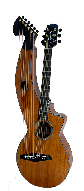 T30HGpc Premium 100% Tropical Mahogany 12 String Parlor sized harp guitar with ebony fretboard, arm bevel and bridge.