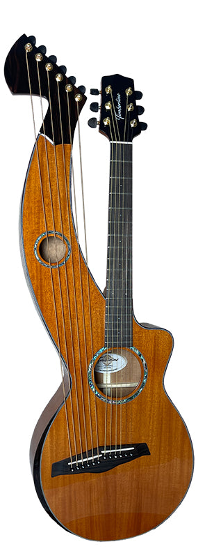 T30HGpc Premium 100% Tropical Mahogany 12 String Parlor sized harp guitar with ebony fretboard, arm bevel and bridge.