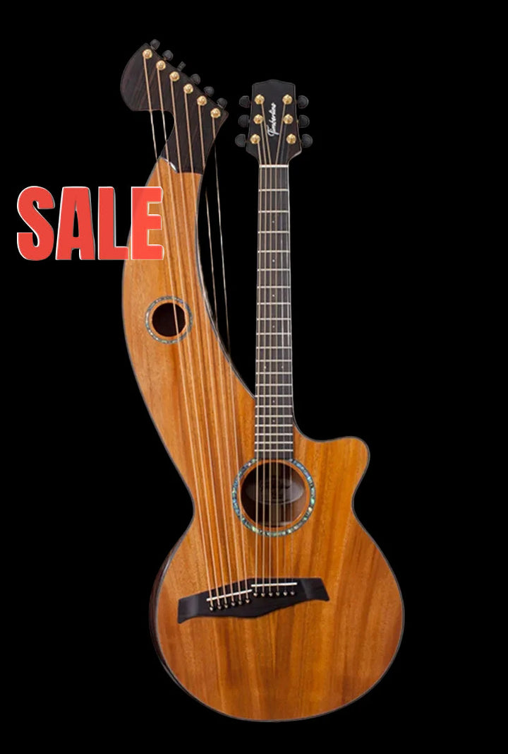 T30HGc Premium 100% Tropical Mahogany 12 String Full Sized Auditorium harp guitar with ebony fretboard, arm bevel  and bridge.