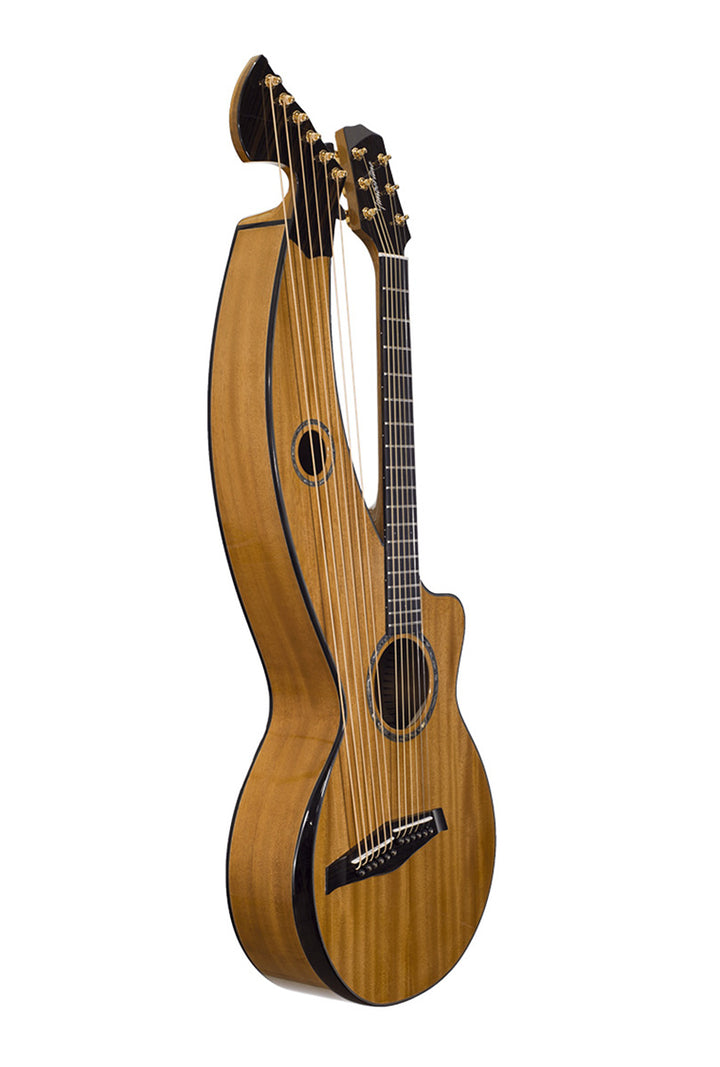 T30HGpc Premium 100% Tropical Mahogany 12 String Parlor sized harp guitar with ebony fretboard, arm bevel and bridge.