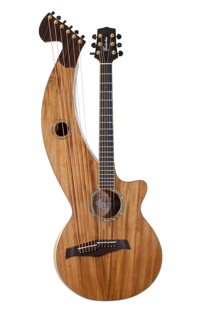 T60HGc Premium 100% Tropical Acacia 12 String Full Sized Auditorium harp guitar with white Tamarind arm bevel, EBONY FRETBOARD AND BRIDGE.