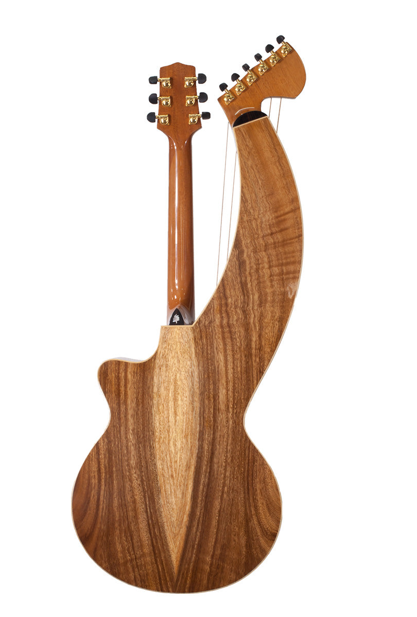 T60HGc Premium 100% Tropical Acacia 12 String Full Sized Auditorium harp guitar with white Tamarind arm bevel, EBONY FRETBOARD AND BRIDGE.