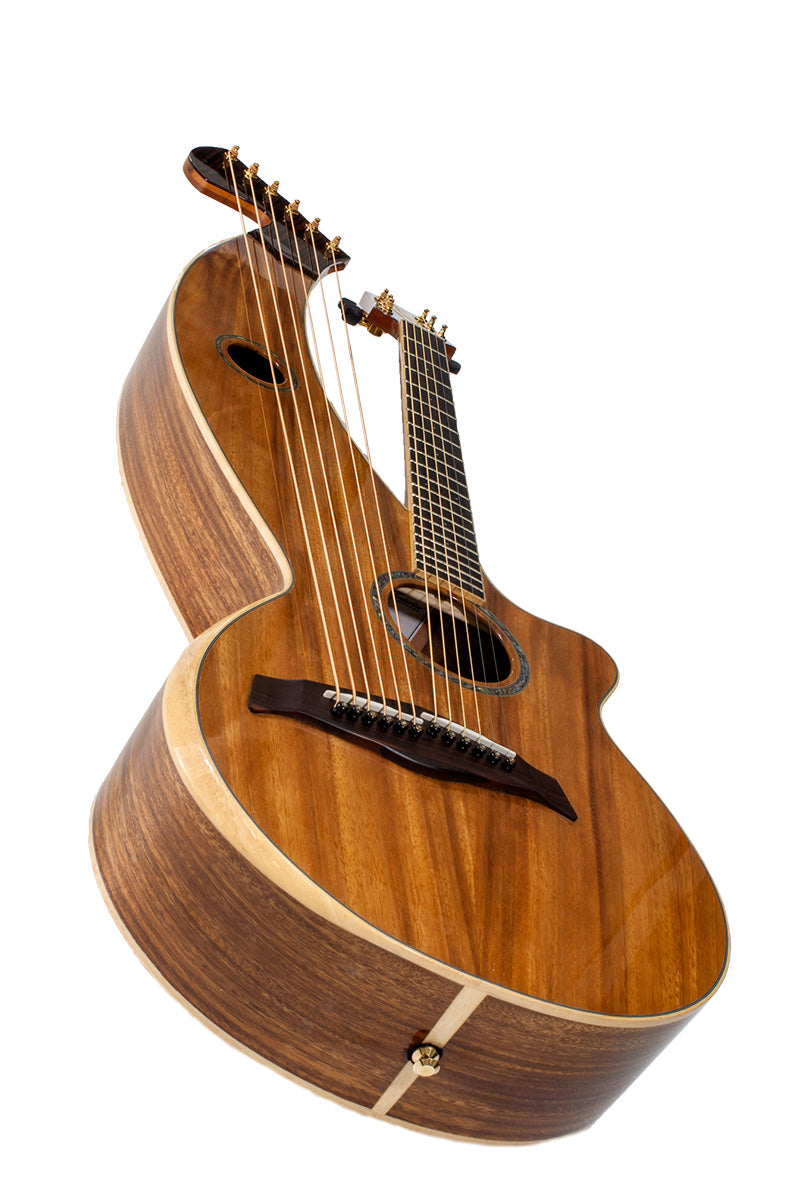 T60HGc Premium 100% Tropical Acacia 12 String Full Sized Auditorium harp guitar with white Tamarind arm bevel, EBONY FRETBOARD AND BRIDGE.