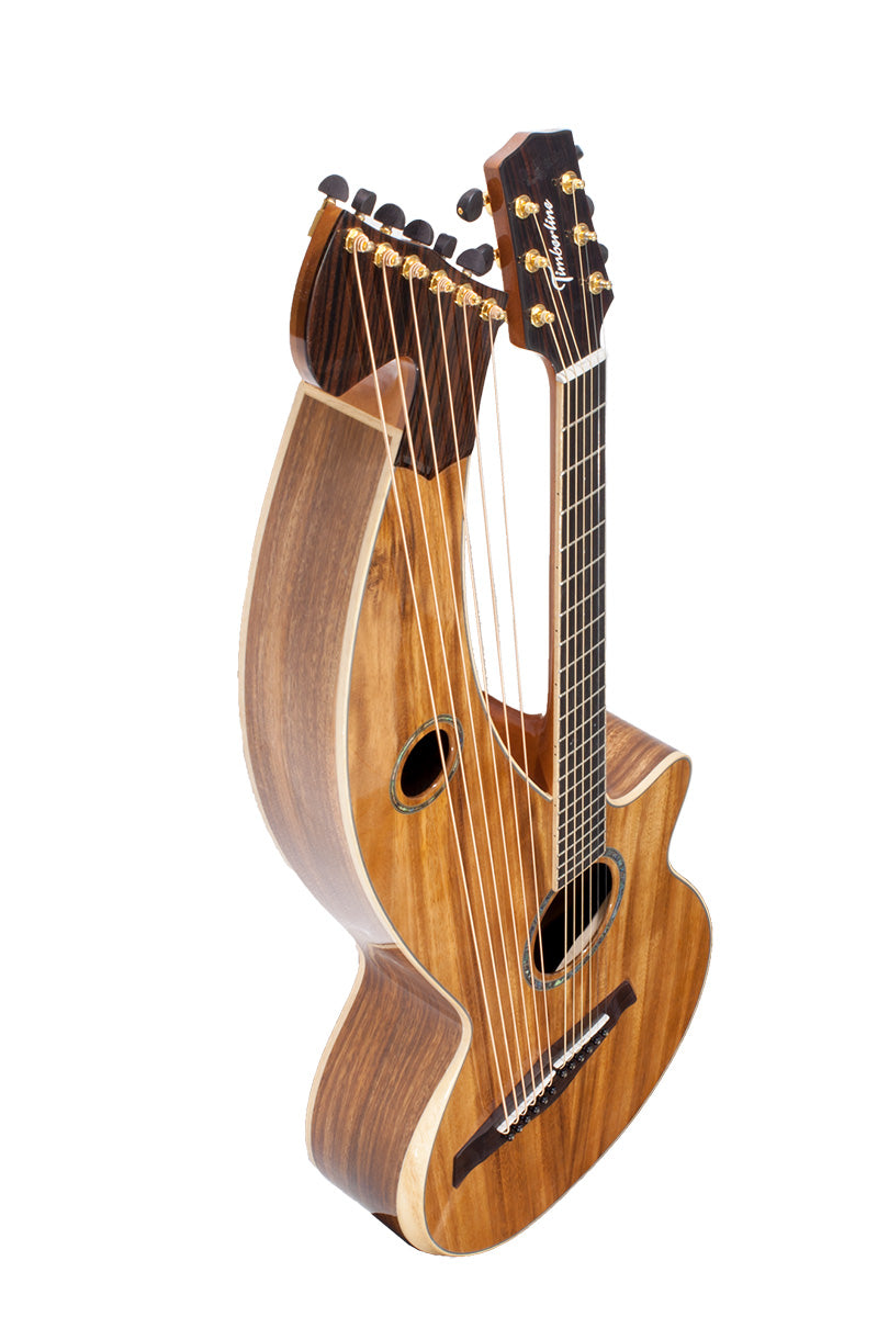 T60HGc Premium 100% Tropical Acacia 12 String Full Sized Auditorium harp guitar with white Tamarind arm bevel, EBONY FRETBOARD AND BRIDGE.