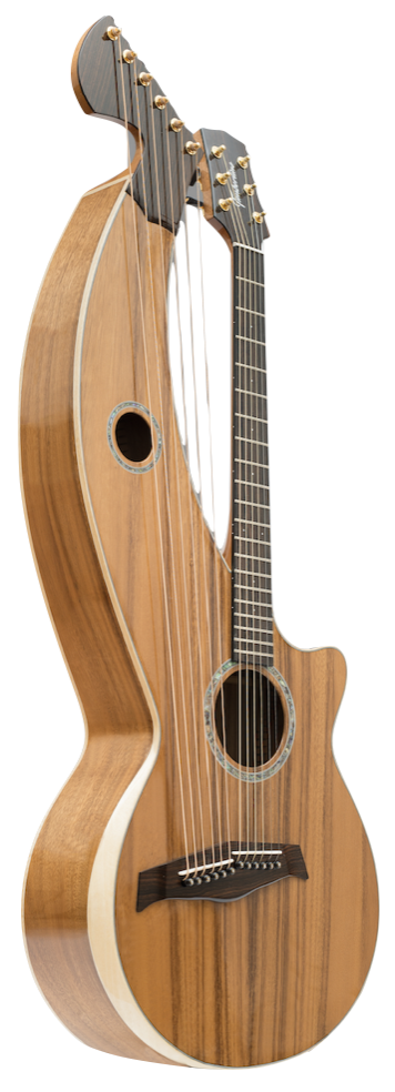 T60HGc Premium 100% Tropical Acacia 12 String Full Sized Auditorium harp guitar with white Tamarind arm bevel, EBONY FRETBOARD AND BRIDGE.