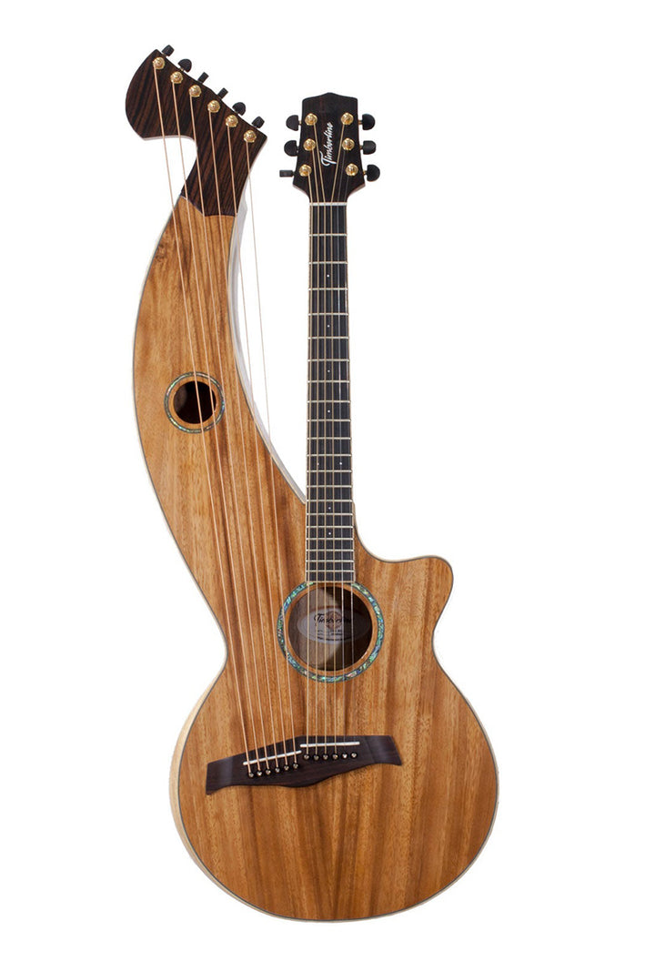 T60HGc Premium 100% Tropical Acacia 12 String Full Sized Auditorium harp guitar with white Tamarind arm bevel, EBONY FRETBOARD AND BRIDGE.