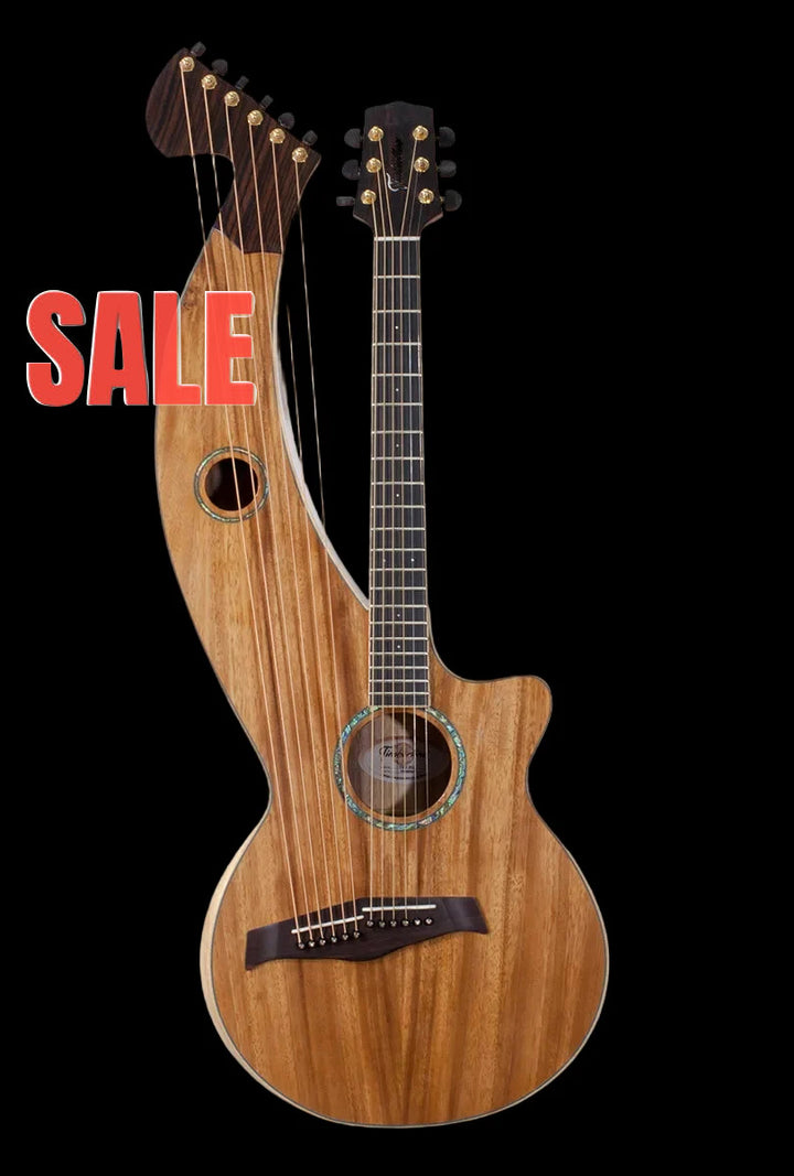 T60HGc Premium 100% Tropical Acacia 12 String Full Sized Auditorium harp guitar with white Tamarind arm bevel, EBONY FRETBOARD AND BRIDGE.