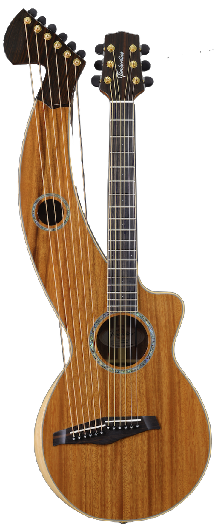 T60HGpc Premium 100% Tropical Acacia 12 String Parlor sized harp guitar with white Tamarind arm bevel and ebony fretboard and bridge.