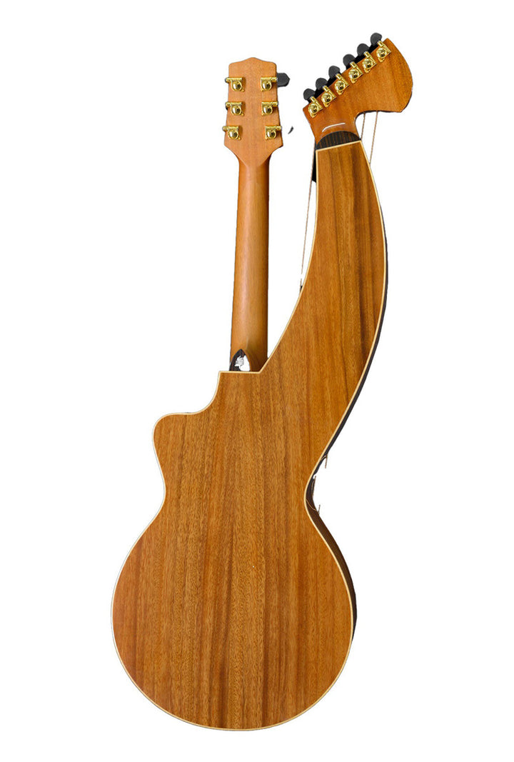 T60HGpc Premium 100% Tropical Acacia 12 String Parlor sized harp guitar with white Tamarind arm bevel and ebony fretboard and bridge.