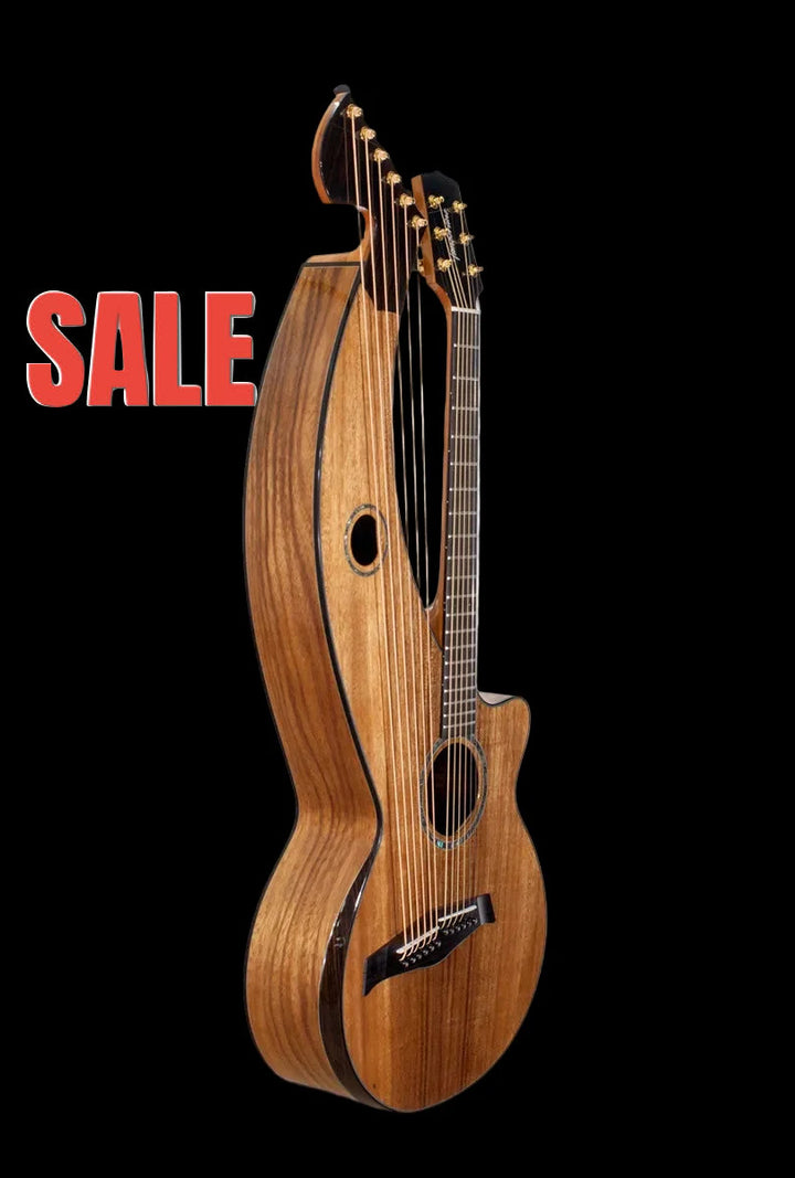 T70HGc Premium 100% Tropical Silkwood 12 String Full Sized Auditorium harp guitar with Maccssar ebony arm bevel, fretboard and bridge.