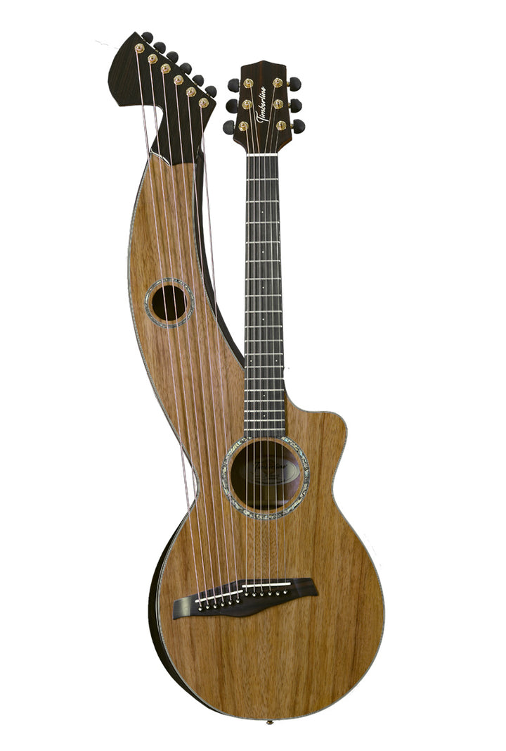 T70HGpc Premium 100% Tropical Silkwood 12 String Parlor sized harp guitar with Maccssar ebony arm bevel, fretboard and bridge.