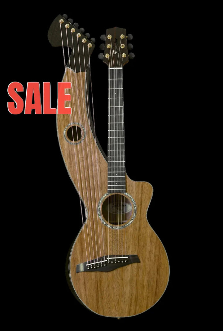 T70HGpc Premium 100% Tropical Silkwood 12 String Parlor sized harp guitar with Maccssar ebony arm bevel, fretboard and bridge.