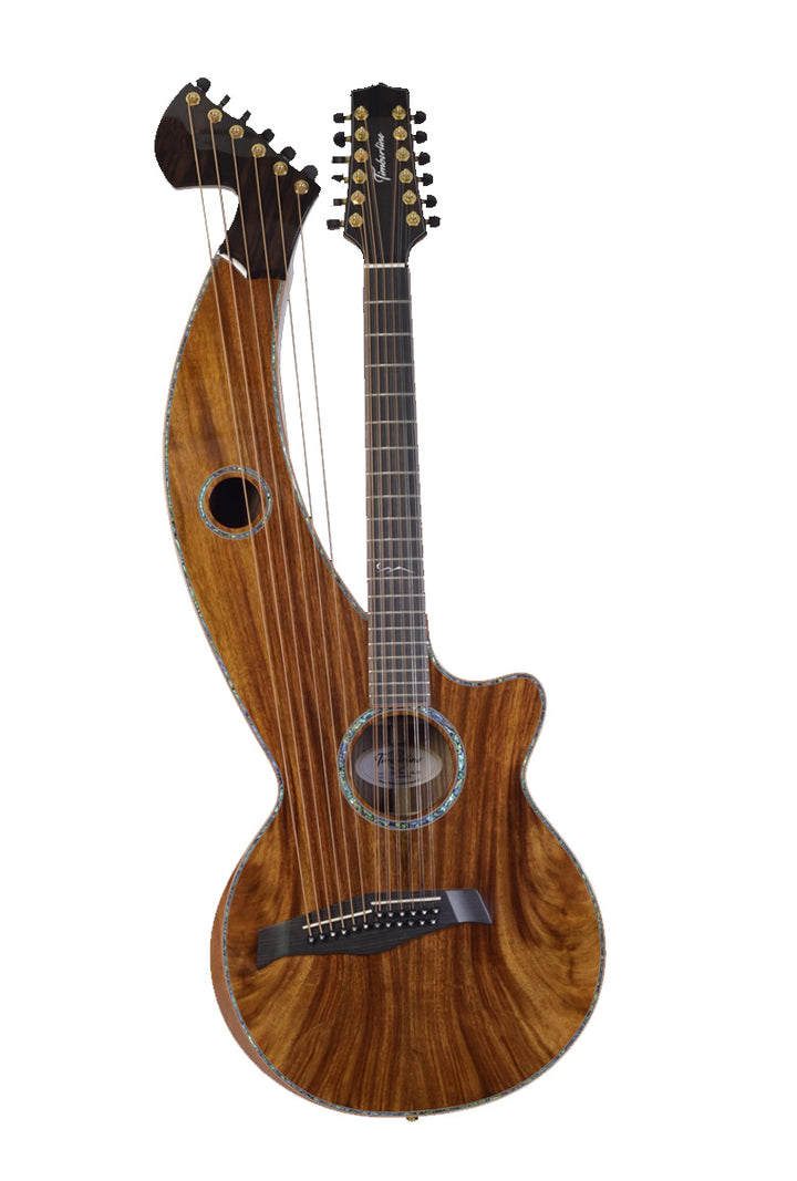 T80/18HGc Premium 100% Solid Sungai body with Silkwood top. An 18 String Full Sized Auditorium harp guitar with Maccssar ebony arm bevel, fretboard and bridge.