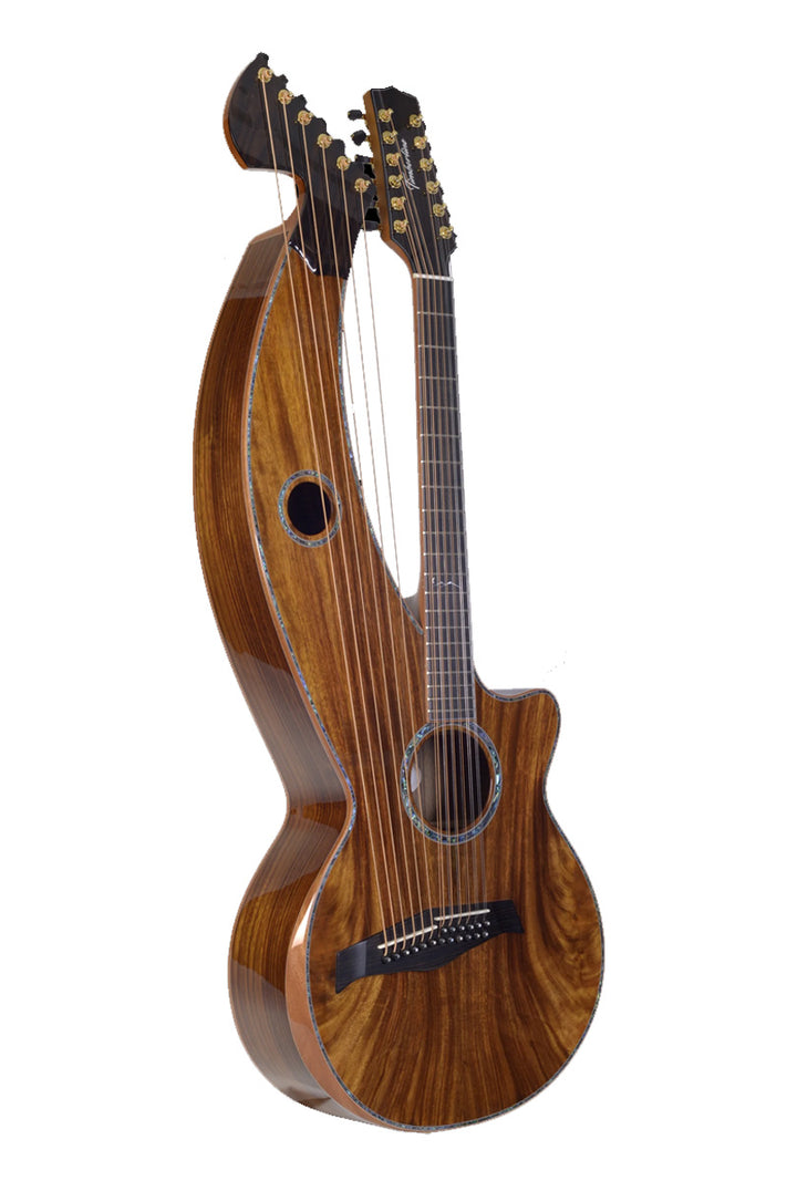 T80/18HGc Premium 100% Solid Sungai body with Silkwood top. An 18 String Full Sized Auditorium harp guitar with Maccssar ebony arm bevel, fretboard and bridge.