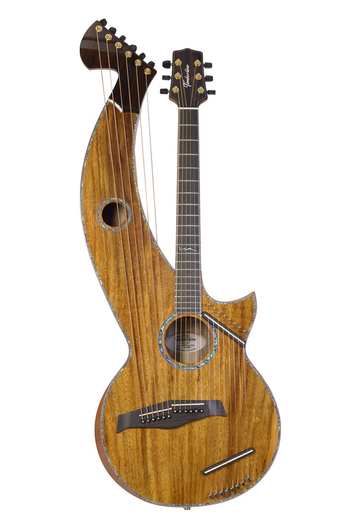 T80/20HGc Premium 100% Solid Sungai body with Silkwood top. A 20 String Full Sized Auditorium harp guitar with Maccssar ebony arm bevel, fretboard and bridge.