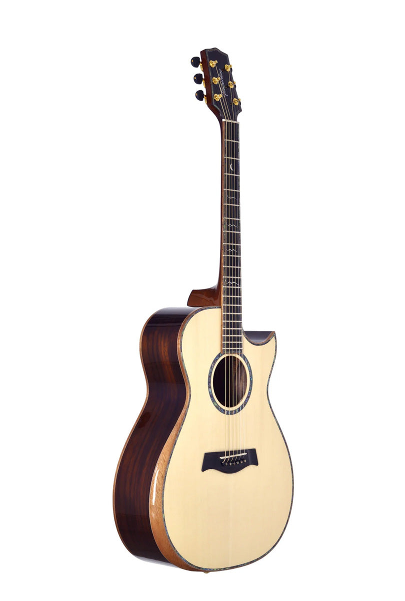 T90GAc - Solid Premium Silkwood Grand Auditorium with Solid Englemann Spruce top and Macassar Ebony Arm Bevel plus Florentine cutaway